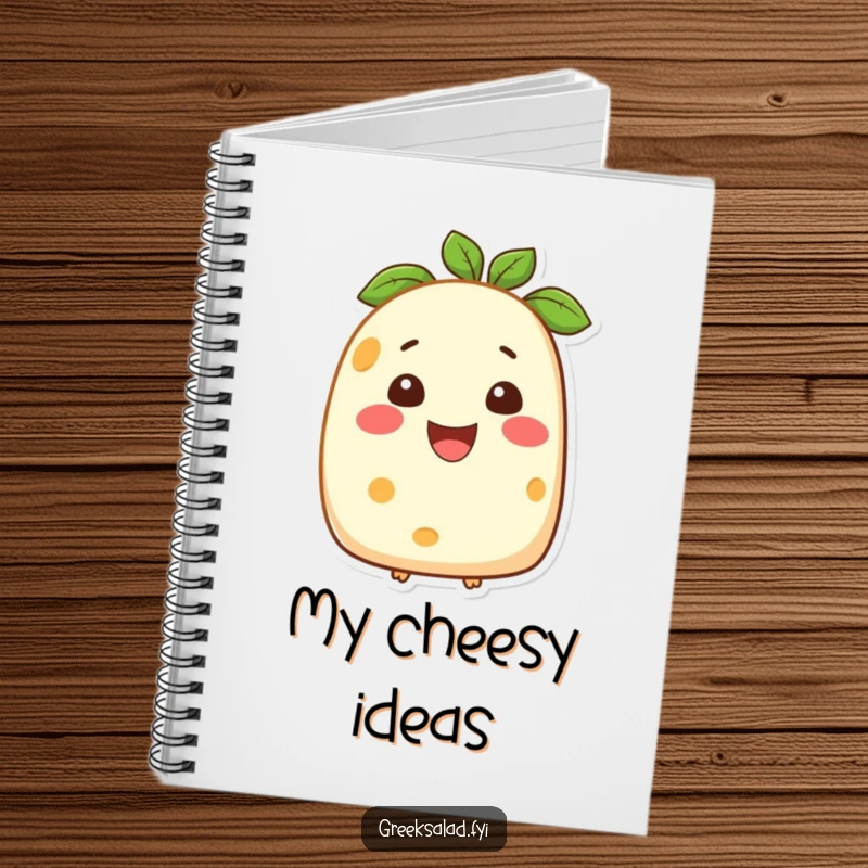Funny notebook showcasing a smiling feta cheese character, providing a joyful space for writing, journaling, and capturing cheesy ideas.