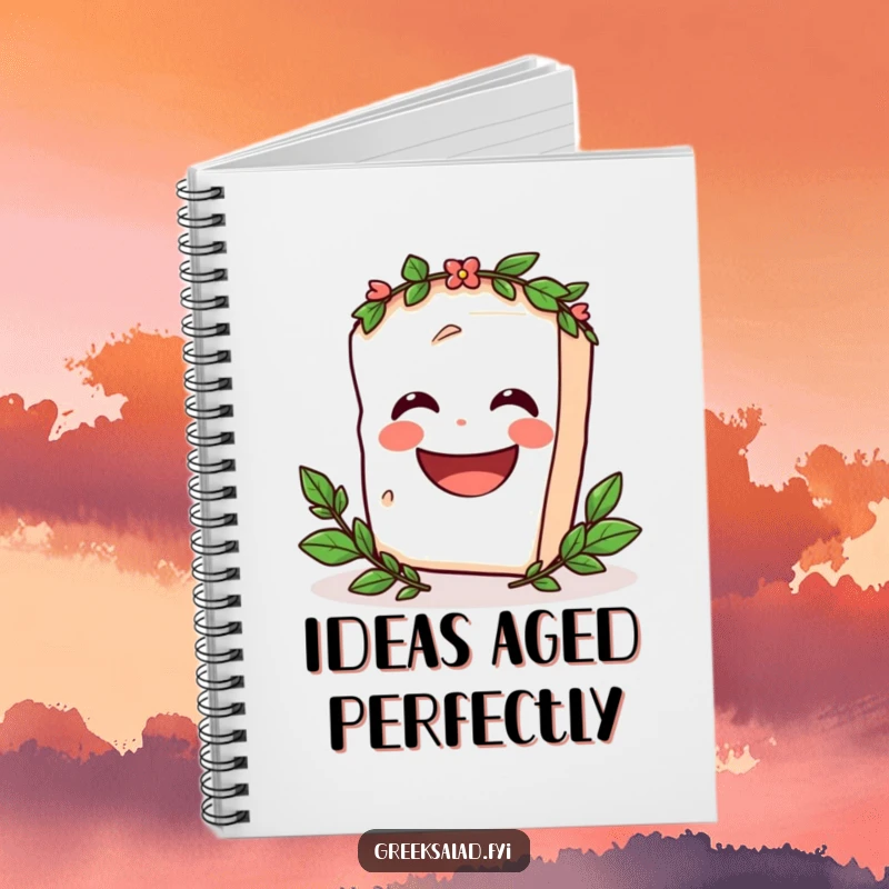 Funny Notebook with a laughing feta cheese block adorned with a laurel wreath, spinning merrily, ready for your brilliant thoughts.