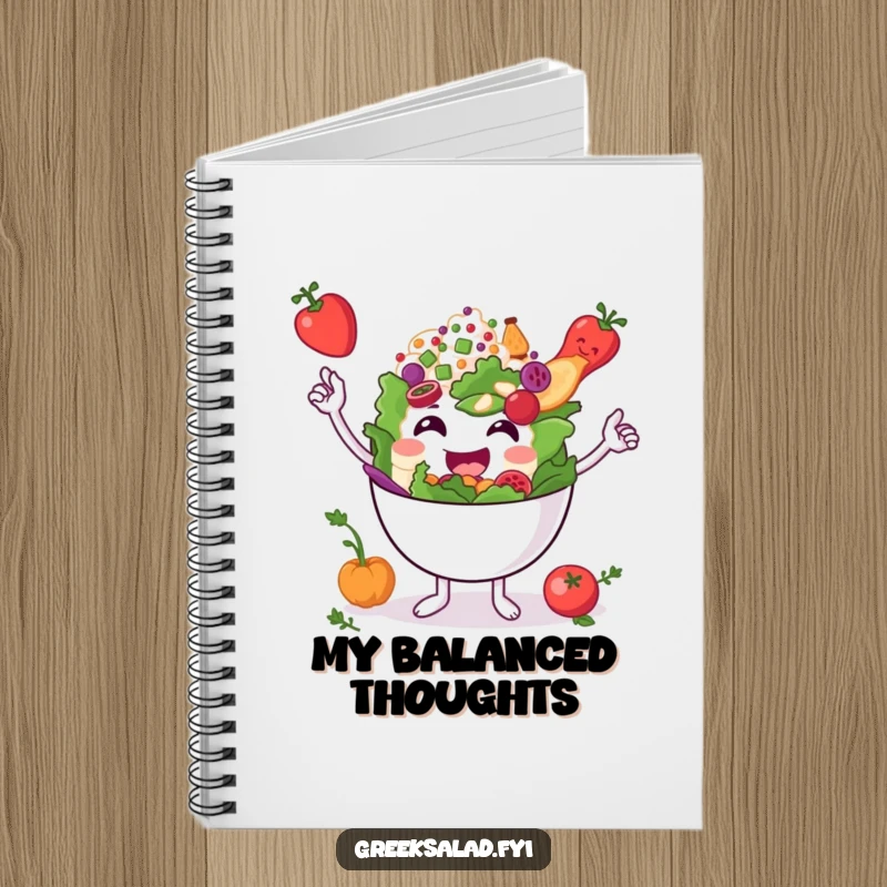 Funny smiling Greek salad bowl character balancing ingredients on a notebook cover, encouraging balanced and humorous note-taking.