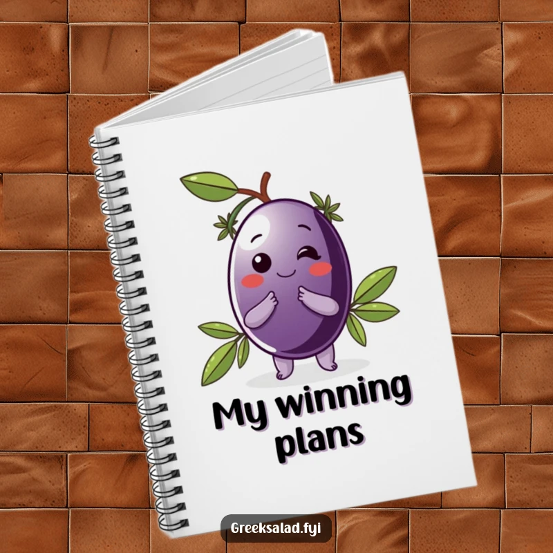 Funny notebook with a delighted Kalamata olive wearing a laurel wreath and bowing, perfect for stylish note-taking.