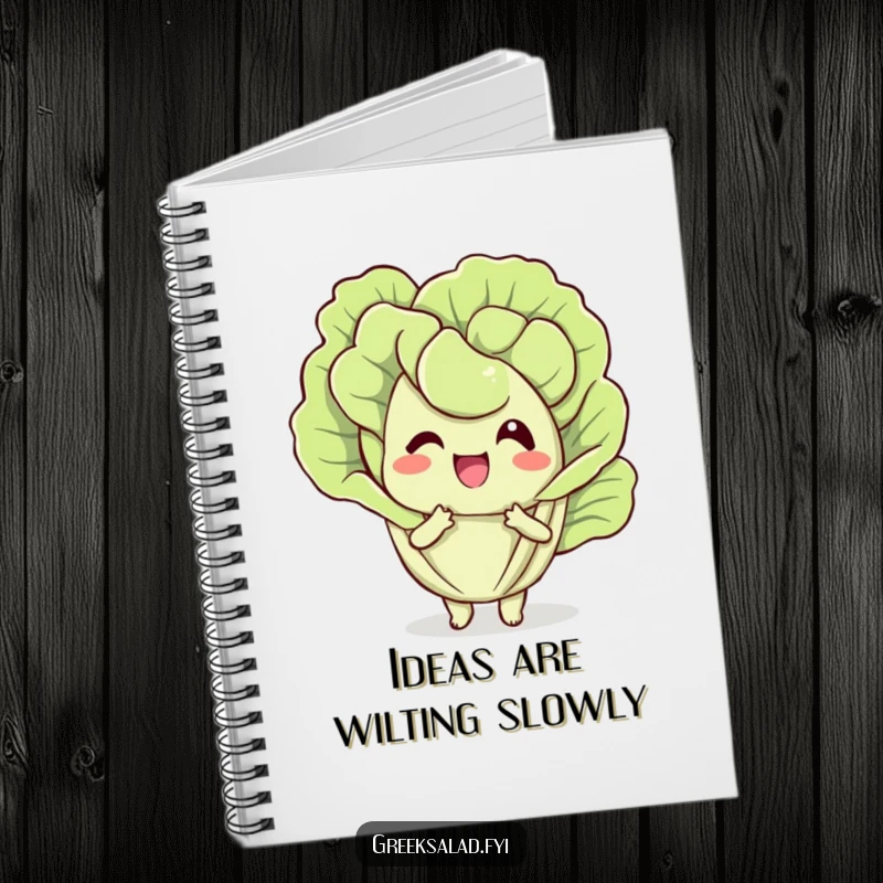 Funny notebook with a cheerful lettuce leaf character fanning itself, designed for jotting notes with a cool, humorous touch.