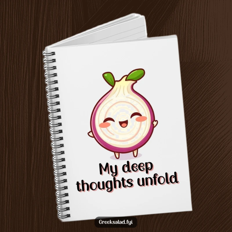 Funny notebook with a giggling red onion slice character doing a playful spin, ideal for jotting down notes with humor.