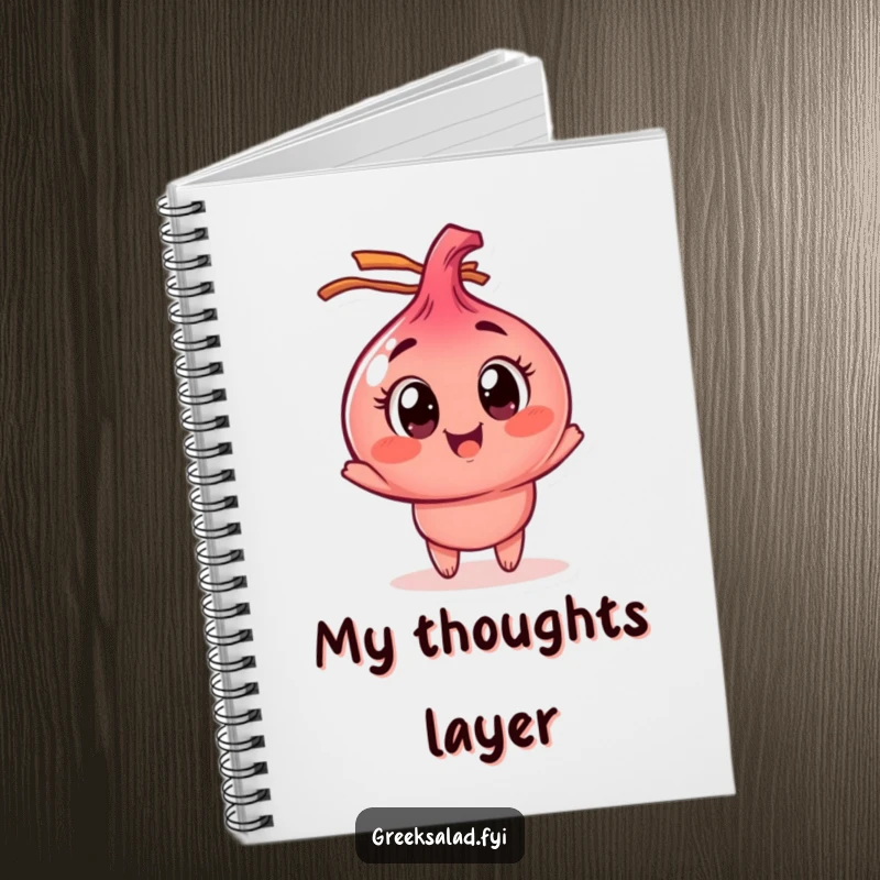 Funny red onion notebook with a character spinning joyfully, perfect for jotting down notes with a side of vegetable humor.