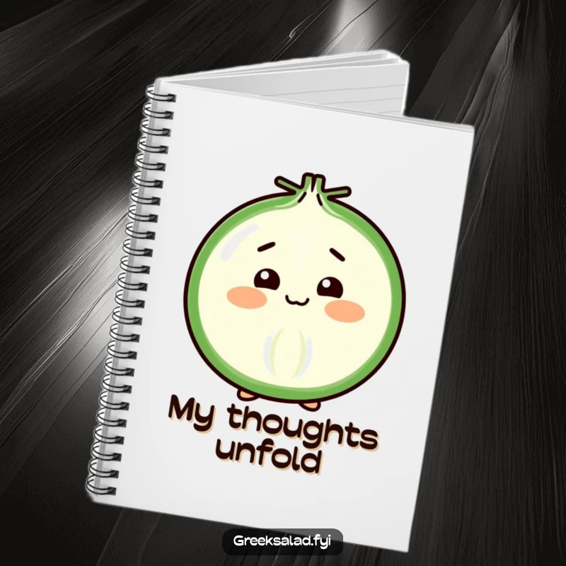 Funny Notebook with a cheerful onion slice in a shy, humble bow, inspiring creative thoughts and organized notes.