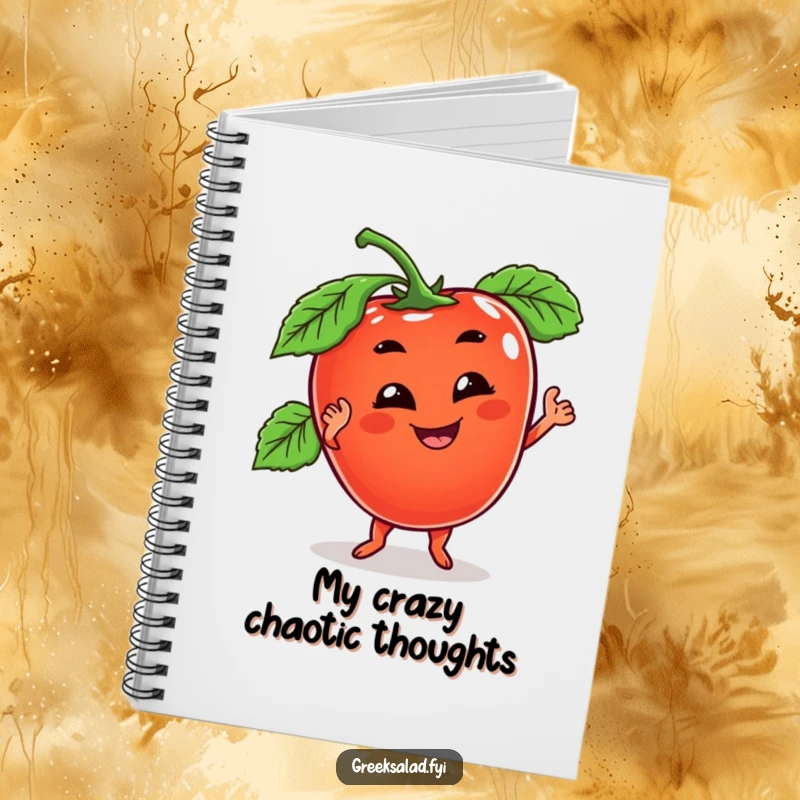 Funny notebook with a cheerful tomato character with a goofy grin, doing a wobbly dance, ideal for jotting notes with humor.