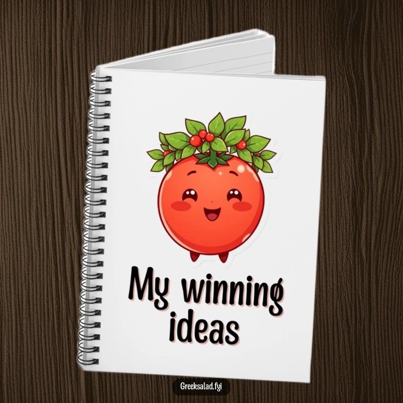 Funny tomato character wearing a laurel wreath, on a notebook cover, encouraging regal and humorous note-taking.
