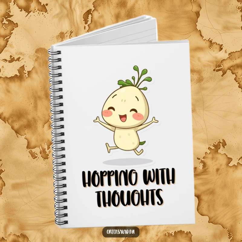 Funny dill sprig notebook featuring a happy herb character in a lively hop, perfect for jotting down cheerful thoughts.