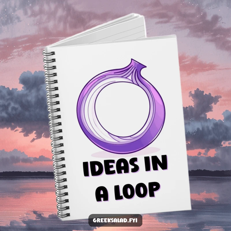 Funny purple onion ring spinning on its edge, decorating a notebook cover for humorous and creative writing.