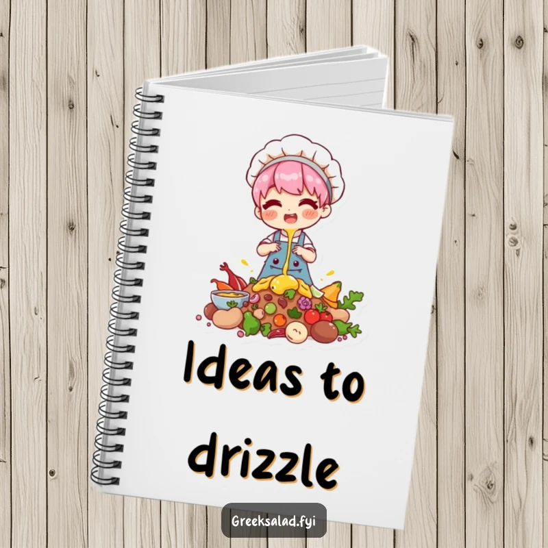 Funny notebook with a chef character happily drizzling over ingredients, perfect for jotting down recipes.