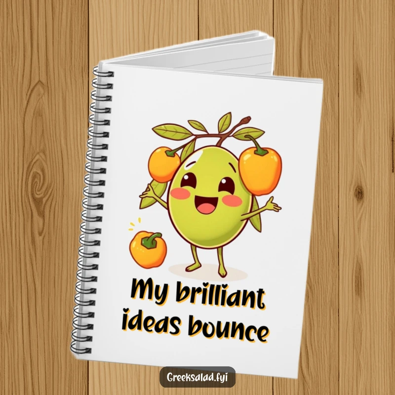 Funny notebook cover with a smiling olive character playfully juggling bell peppers, inspiring creative and humorous writing.