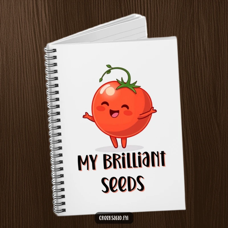 Funny Notebook with a happy tomato character performing a gentle pirouette, ready to inspire your writing and creative endeavors.
