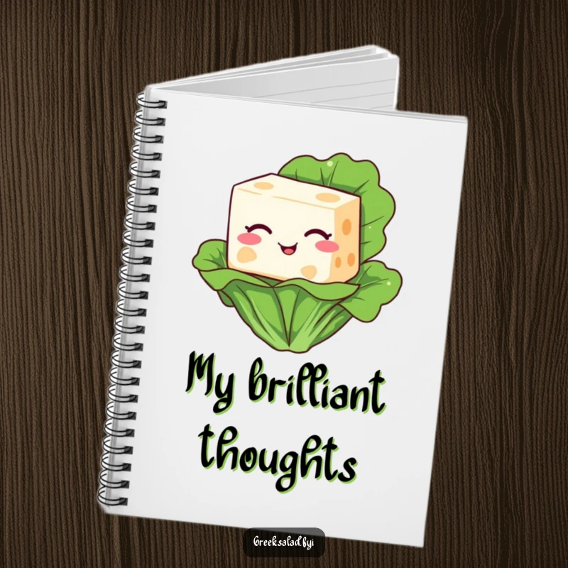Funny notebook cover with a winking feta cheese block cartoon character perched on a lettuce leaf, ready for notes.