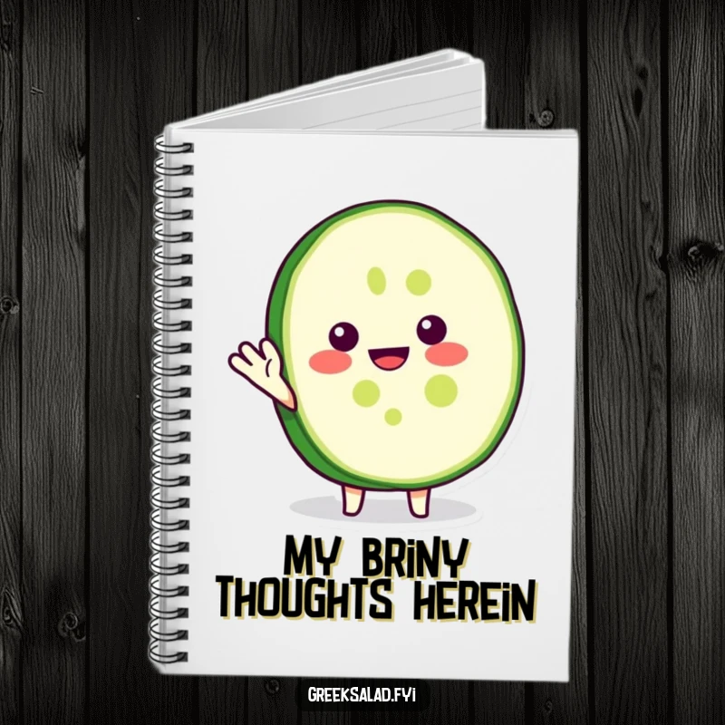 Funny notebook with a happy cucumber slice character waving, ideal for jotting down notes with a dose of vegetable humor.