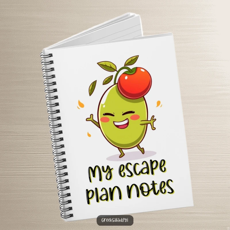 Funny olive character with a mischievous grin, comically dodging a flying tomato, featured on the cover of a humorous notebook.