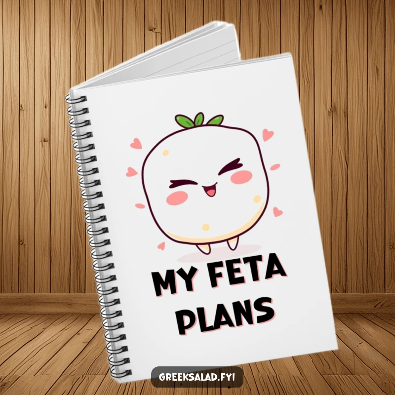 Funny winking feta cheese notebook with a jolly character winking, perfect for jotting down notes with a humorous food theme.