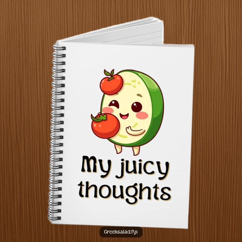Funny notebook cover with a shy cucumber slice character smiling softly while holding a cherry tomato, ideal for journaling and notes.