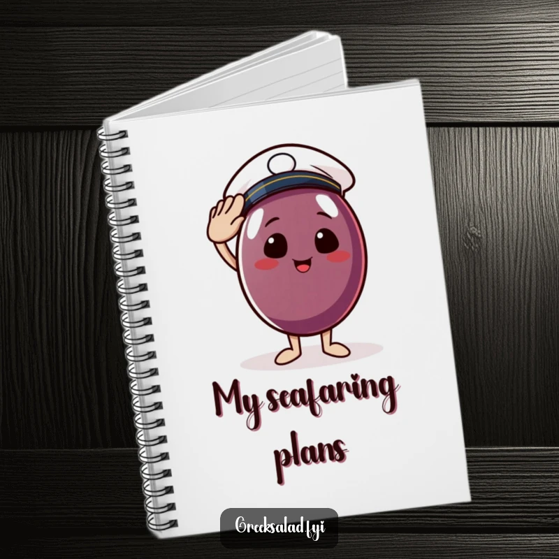 Funny notebook cover showing a cheerful Kalamata olive in a sailor hat, ready to salute your notes and ideas with maritime spirit.