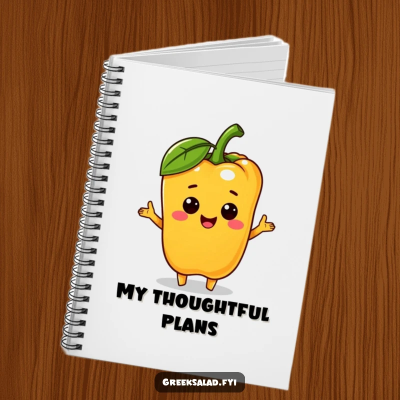 Funny bell pepper character offering a mini olive on a notebook cover, encouraging cheerful and generous note-taking.