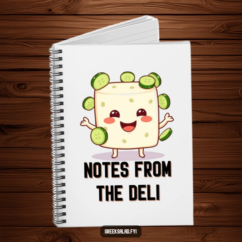 Funny feta cheese cube character smiling joyfully while juggling tiny cucumber slices, notebook for writing.