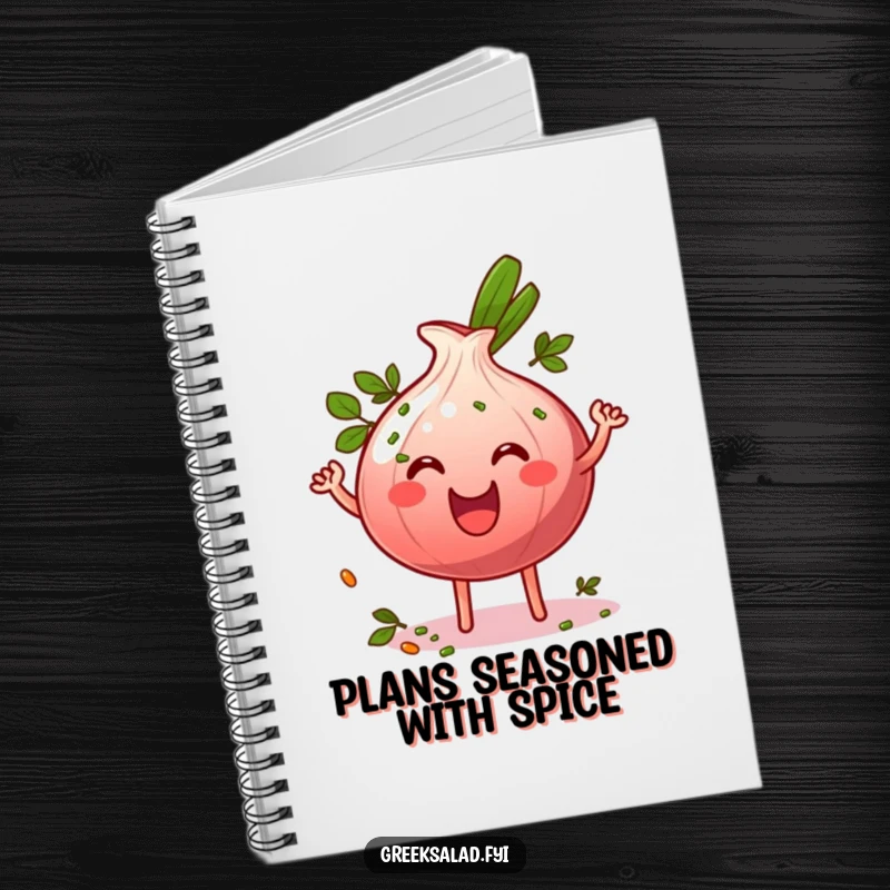 Funny grinning red onion ring character wiggling energetically and sprinkled with herbs on the cover of a humorous notebook.