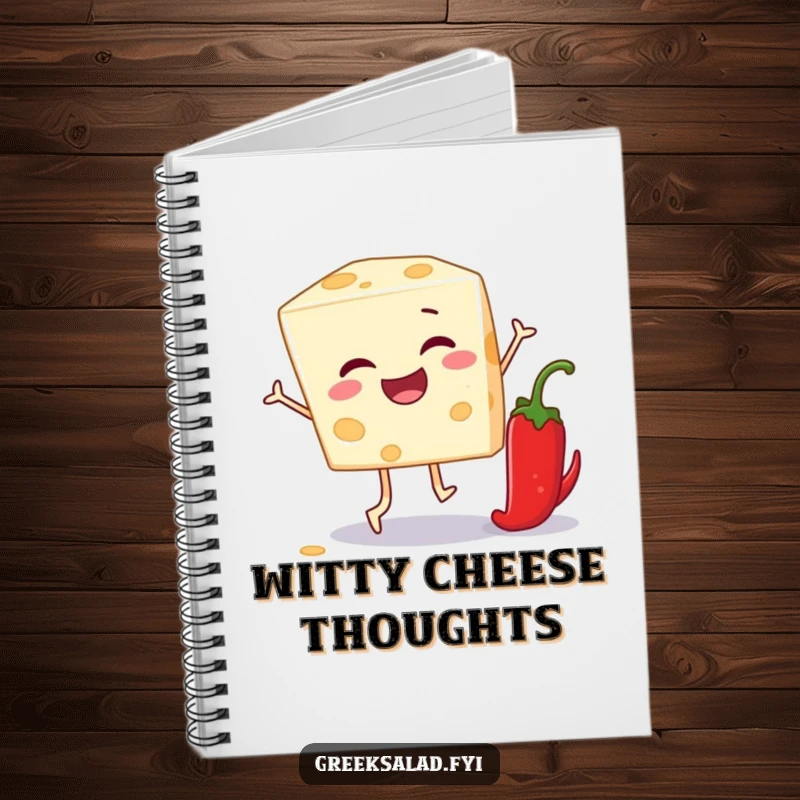 Funny notebook with a feta cheese block playing leapfrog over a pepper, perfect for jotting notes with cheesy humor.