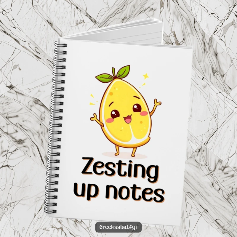 Funny lemon wedge notebook with a citrus character energetically wiggling its zest, perfect for jotting down bright ideas.