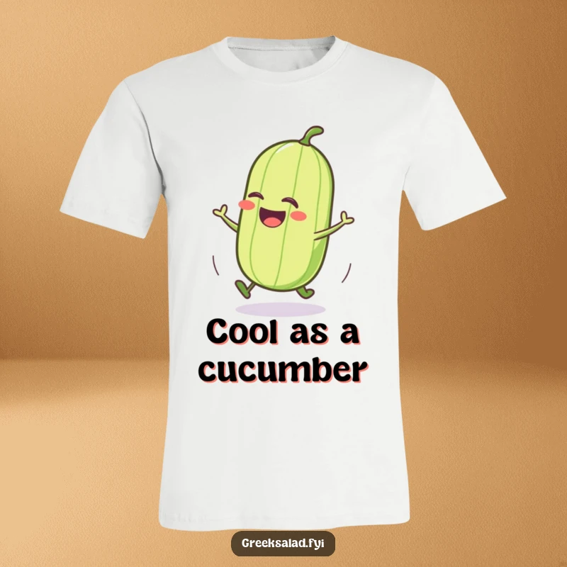 Funny cucumber t-shirt with a jubilant character captured in a joyful roll, perfect for fans of quirky produce humor.