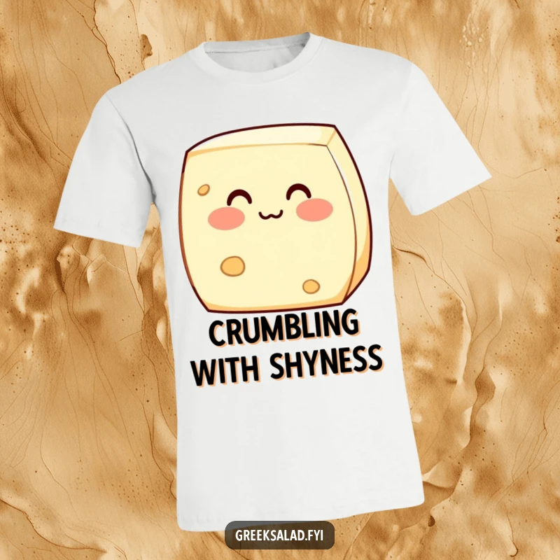 Funny t-shirt design showcasing a shy feta cheese block with blushing cheeks, embodying sweet bashfulness and dairy-themed cuteness.