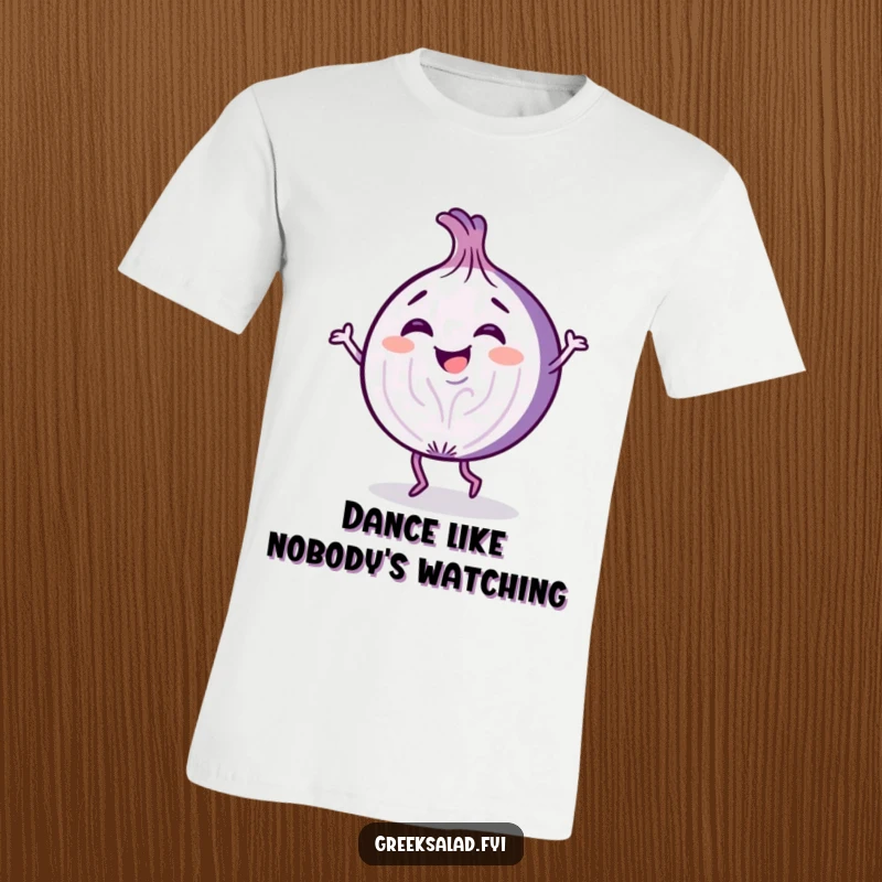 Funny t-shirt graphic of a giggling purple onion slice cartoon character performing a lively, playful dance.