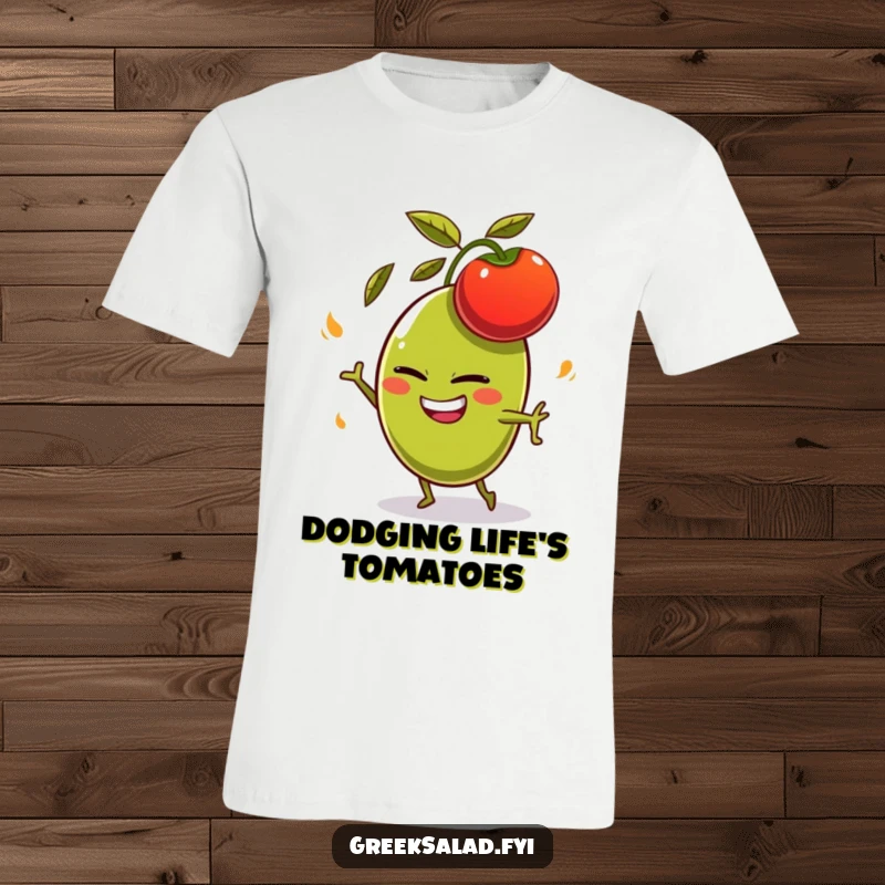 Funny olive character with a mischievous grin, comically trying to dodge a flying tomato on a t-shirt, funny apparel gift.