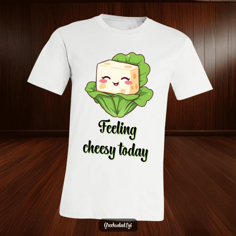 Funny t-shirt graphic of a happy feta cheese block winking slyly while sitting on a crisp lettuce leaf.