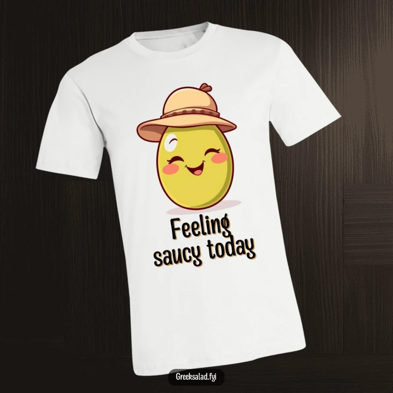 Funny t-shirt displaying a smiling olive wearing a jaunty hat and executing a perfect playful wink, full of personality and fun.