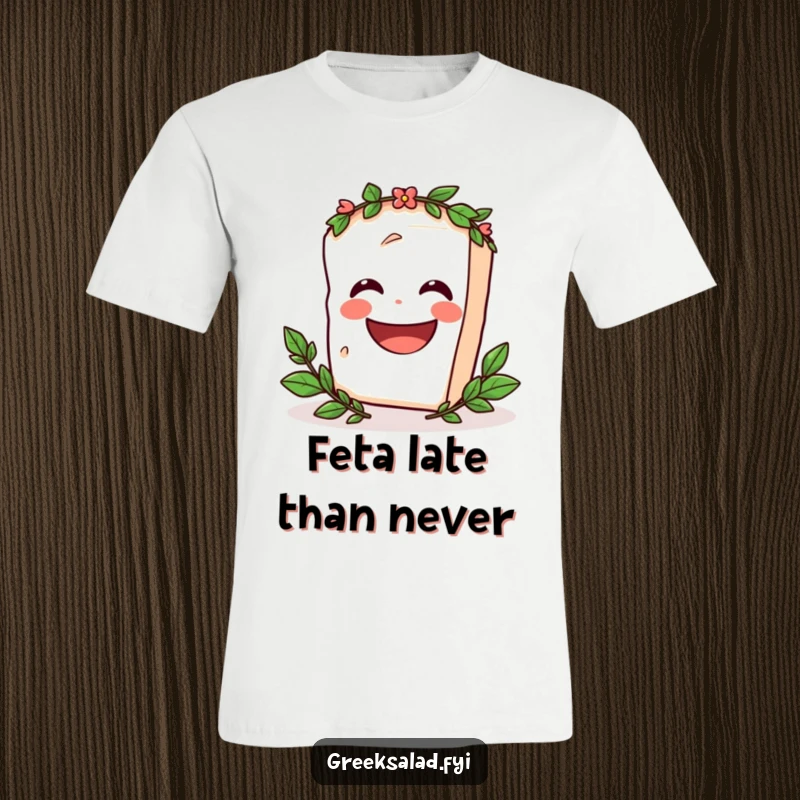 Funny T-Shirt displaying a jubilant feta cheese block, adorned with a laurel wreath, joyfully spinning in a cartoon style.