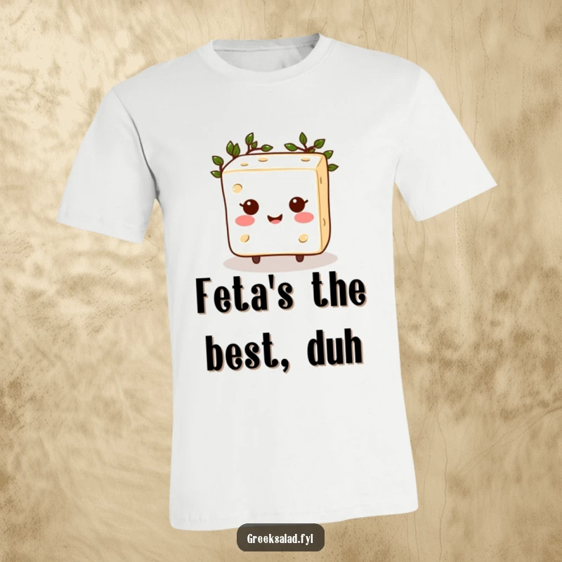Funny Feta Cheese T-Shirt: A happy, smiling feta cheese cube dons a tiny laurel wreath, exuding a victorious and cheerful vibe.