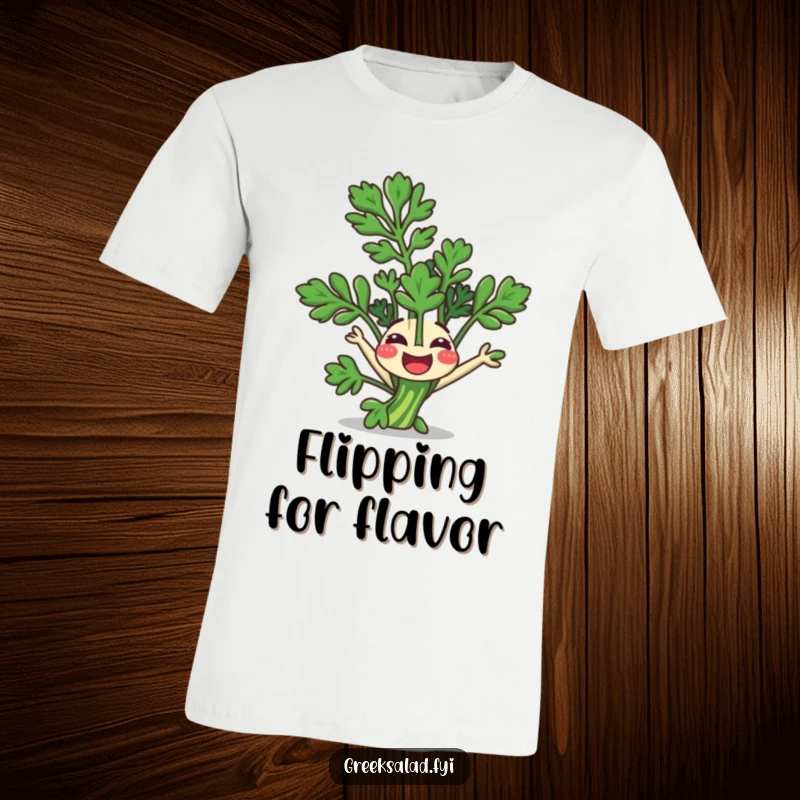 Funny T-Shirt: A happy parsley sprig with a smile joyfully does a somersault, symbolizing freshness.
