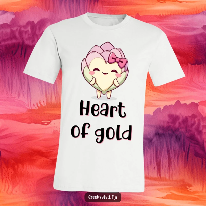 Funny delighted artichoke heart character in a formal bow, printed on a comfortable t-shirt.