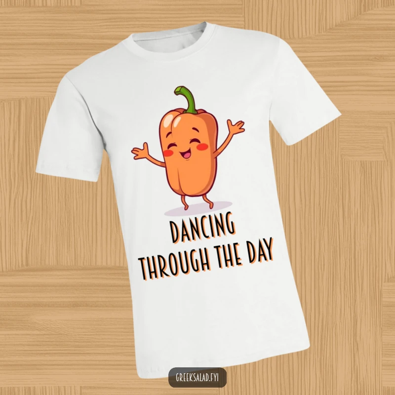 Funny t-shirt depicting a bell pepper character doing a silly dance, perfect for those who appreciate vegetable humor and playful designs.