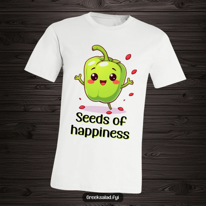 Funny cheerful bell pepper character bouncing playfully and scattering seeds on a t-shirt, bouncy energetic comedic apparel.