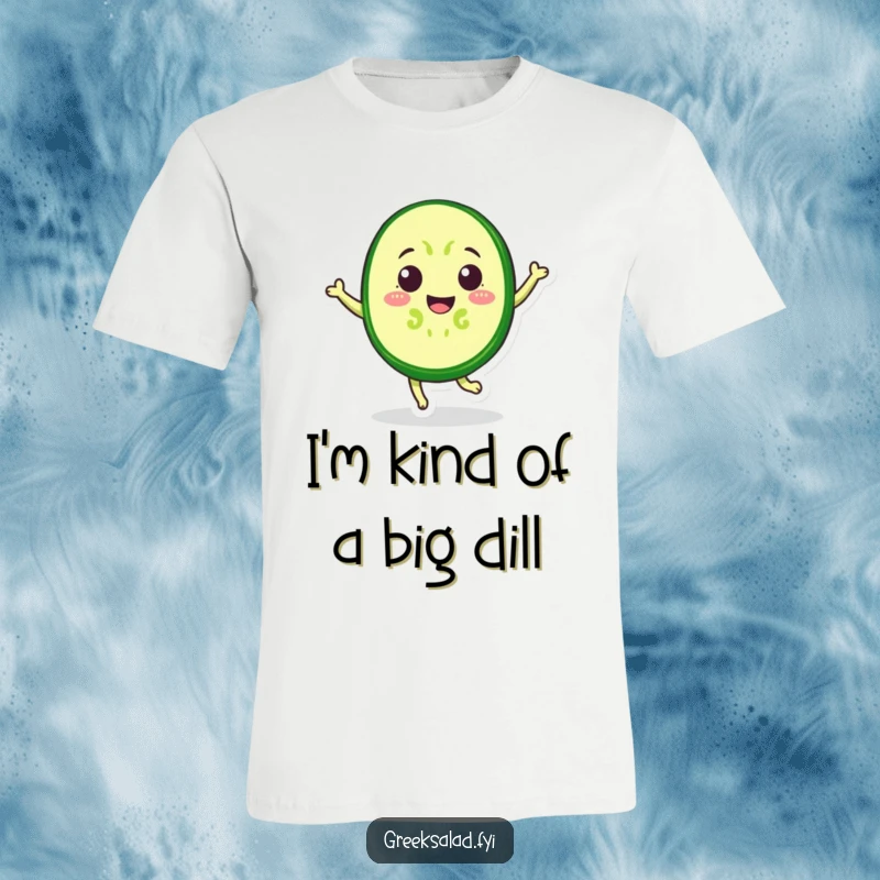 Funny T-Shirt showcasing a joyful cucumber slice mid-jump, celebrating the fun and silliness of fresh produce.