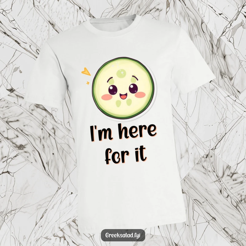 Funny t-shirt featuring a delighted cucumber slice winking, a playful and humorous apparel choice.