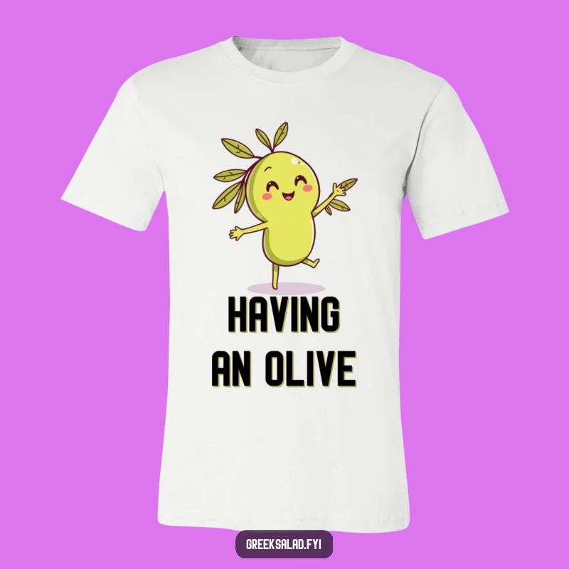 Funny Dancing Olive T-Shirt, Hilarious Smiling Character Tee for Groovy People