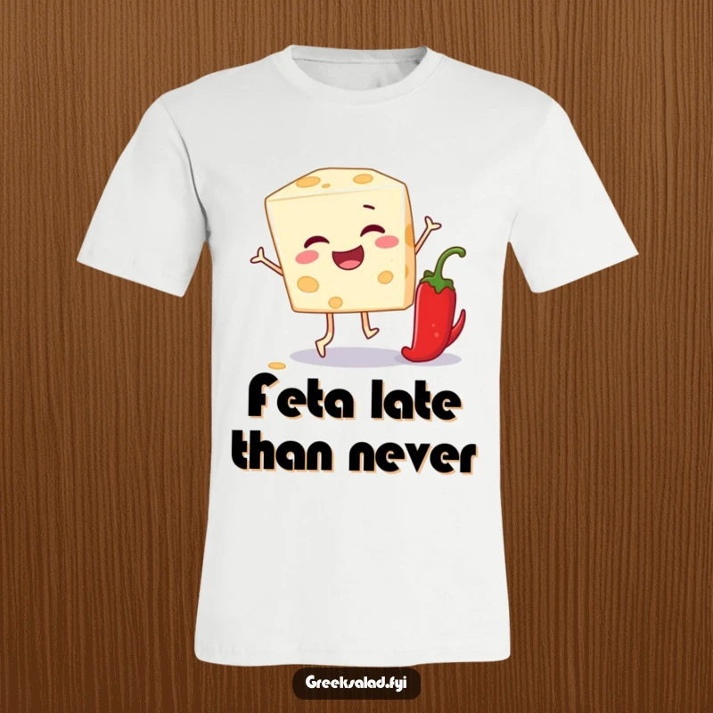 Funny t-shirt with a winking feta cheese block leaping over a pepper, depicting playful food antics.