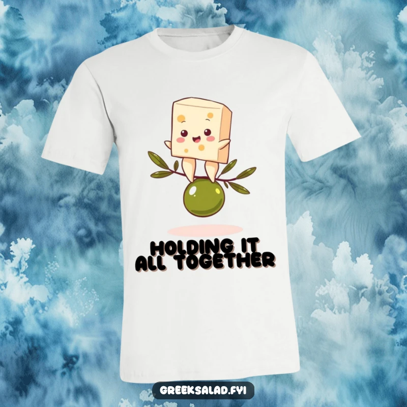 Funny t-shirt featuring a feta cheese character in a comical balancing act on an olive, embodying lighthearted foodie humor.