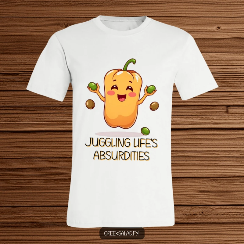 Funny t-shirt design featuring a cheerful bell pepper in the act of juggling a small pile of dark olives with impressive skill.