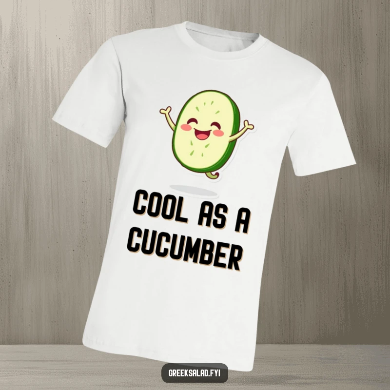 Funny t-shirt displaying a smiling, energetic cucumber slice executing a perfect happy jump, radiating pure, unadulterated veggie joy.