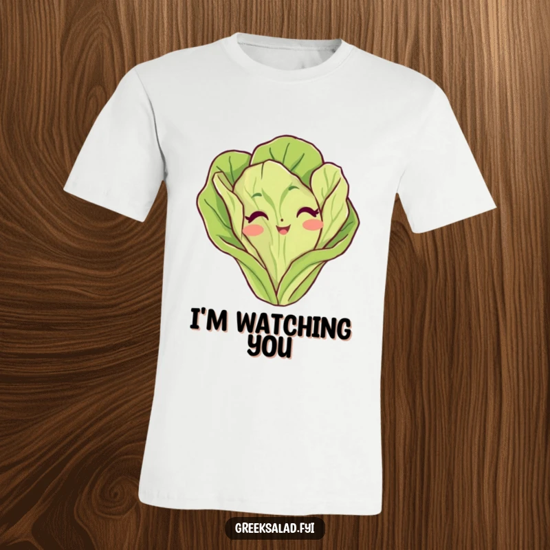 Funny lettuce leaf t-shirt featuring a comical vegetable peeking with a cheeky expression, ideal for casual wear and laughs.