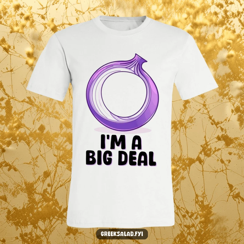 Funny purple onion ring character spinning on its edge, featured on a t-shirt, a humorous and playful design.