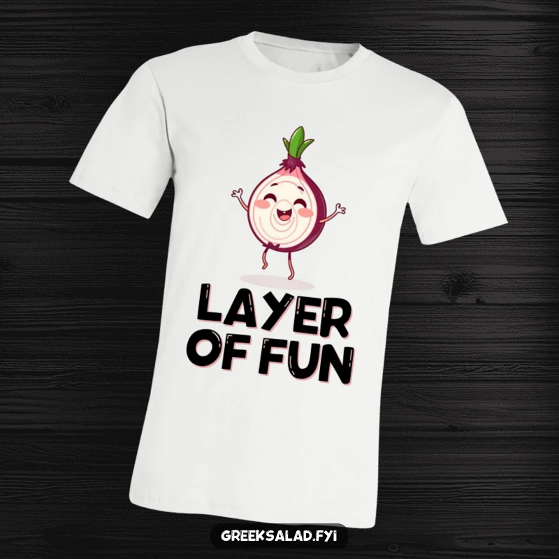 Funny Red Onion Jig T-Shirt: A gleeful red onion slice performs a happy dance, spreading veggie cheer.