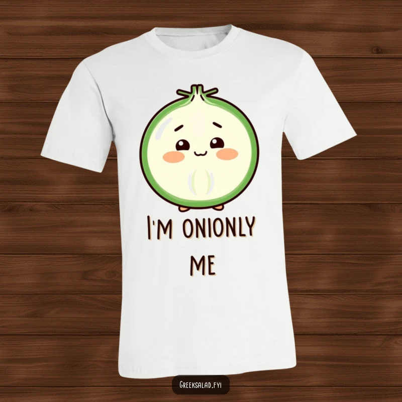 Funny T-Shirt with a cheerful onion slice doing a shy, demure bow, showcasing its sweet and humble nature.