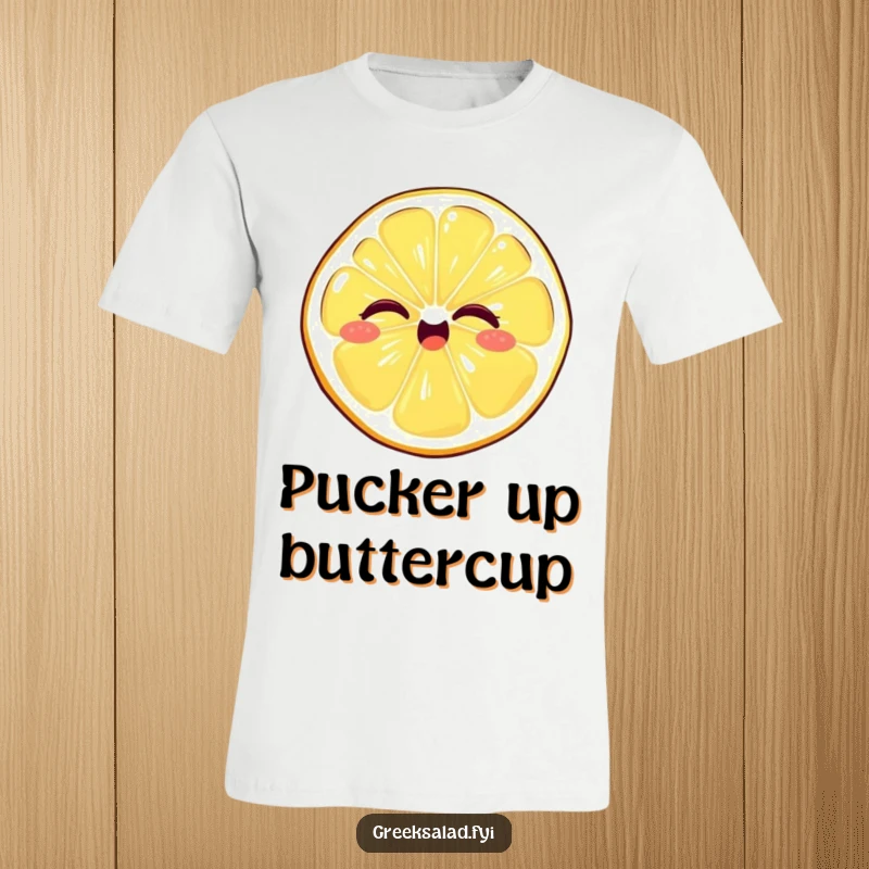 Funny t-shirt graphic of a giggling lemon slice giving a playful wink, embodying cheerful and zesty fruit personality.